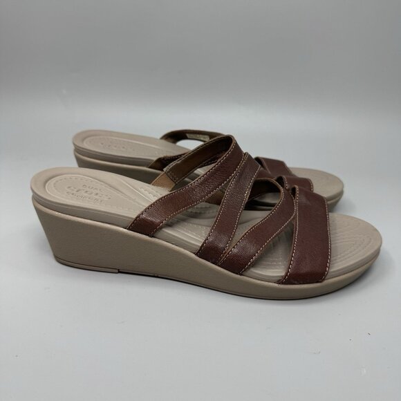 Crocs Womens 9 Brown Leather Strappy Mini Wedge Sandals Slides Leigh Ann 204730 - Picture 1 of 9